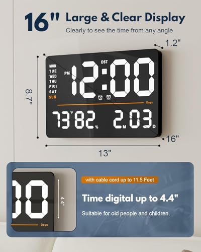 Image of Digital Wall Clock - Large Orange LED Display, Dual Alarms, Auto Brightness, Date, Day & Temperature, Remote Control, Plastic Square Design for Home, Office & Bedroom