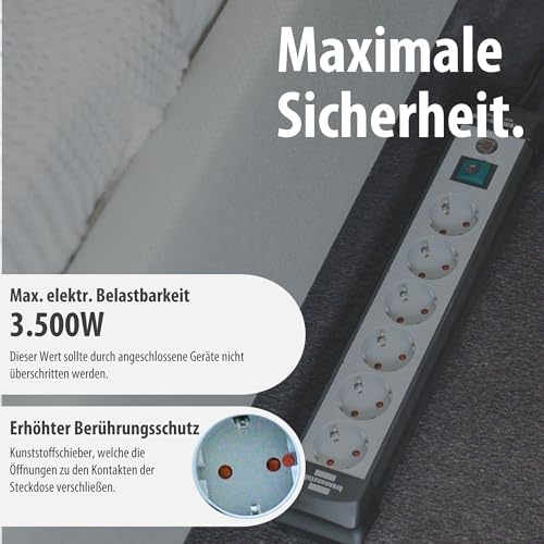 Brennenstuhl Premium-Line Steckdosenleiste 6-Fach (Mehrfachsteckdose mit Schalter und 3m Kabel - 45&deg; Anordnung der Steckdosen, Steckdosenleiste Wandmontage, Made in Germany) schwarz/grau