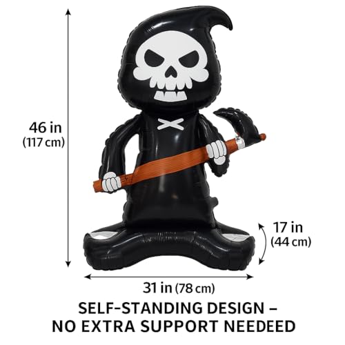 Image of AMFIN (Pack of 1) Self Standing 46 Inch Giant Grim Reaper Foil Balloon - Halloween Skeleton Balloon with Scythe | Oversized Scary Balloon for Haunted House- Black