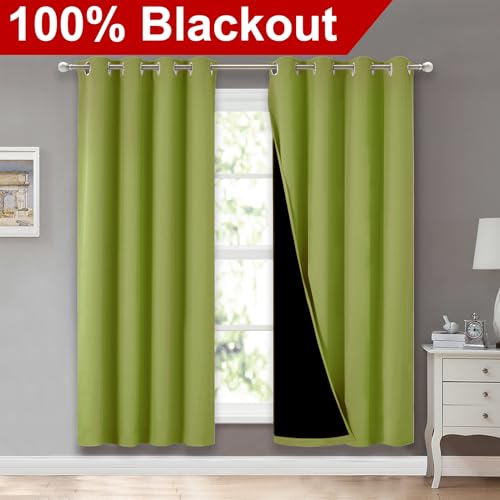 Image of NICETOWN 100% Blackout Window Curtain Panels, Fresh Green, 2 Pieces, 52-inch Wide Per Panel, Full Light Blocking Drapes with Black Liner for Nursery, 72-inch Drop Thermal Insulated Draperies