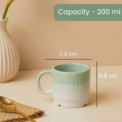Image of The Earth Store Green Fringe Premium Ceramic Tea Cup Set of 4, 200 ML | Microwave and Dishwasher Safe Space Saver Tea Cup with Stand | Coffee Cups for Gifting, Home & Office Use, Every Occasion