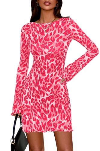 dowerme Women's Sexy Leopard Print Mini Dresses Fall Boat Neck Bell Long Sleeve Knit Short Club Dress Y2K Clothes 2025(Pink Leopard,Large)