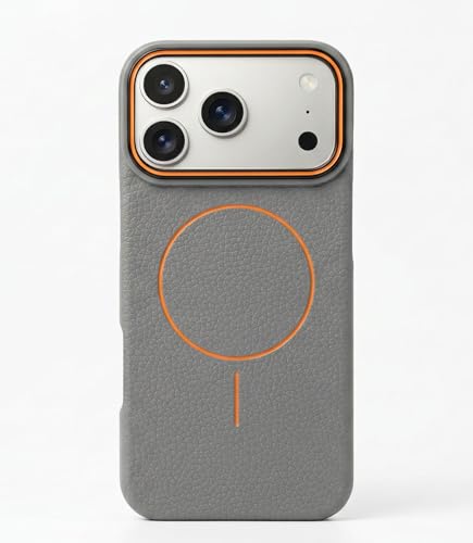 Image of amazon basics Luxury MagSafe Compatible Leather Texture Back Cover for iPhone 17 Pro | Raised Camera Protection | Slim Fit Shockproof Case with Metallic Accents (Gray)