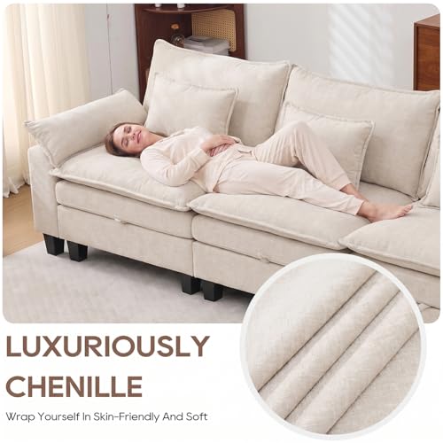 Image of IPKIG 117 inch Modular Cloud Couch with Storage, L Shaped Sectional Sofa with Ottoman & Pillow, Chenille Deep Seat Sectional Couches for Living Room, Apartment, White