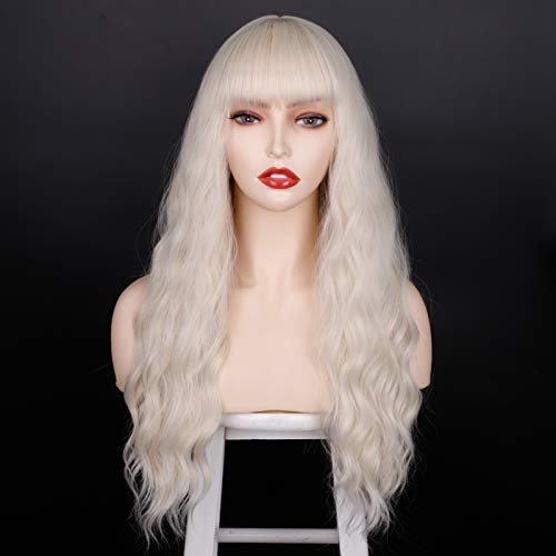 ENTRANCED STYLES Platinum Blonde Wig with Bangs, Long Wavy Wigs for Women Natural Hair Wig Heat Resistant Synthetic Wig Daily Party Cosplay Use