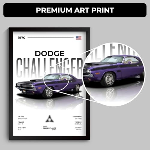 Image of Dodge Challenger Poster | Framed 1970 Challenger A4 Sized (31 x 23 cm) | Muscle Poster for Wall, Gift for Boys, American Muscle Car Frames | Car Posters for Wall, Bedroom, Hostel, Study Area (F 060)