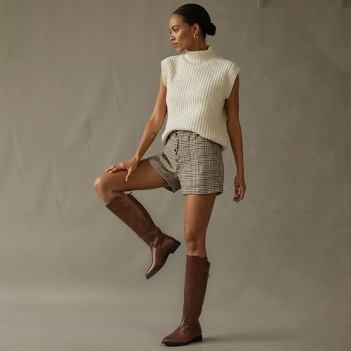 Image of Modatope Knee High Boots Women Rounded Toe Flat Retro Bais Opening Low Chunky Heel Riding Boots