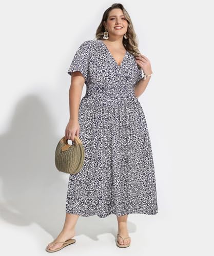 Image of CARCOS Plus Size Dresses for Curvy Women V Neck Summer Maxi Dress Short Sleeve Floral Boho Dress Smocked Waist Beach Dress