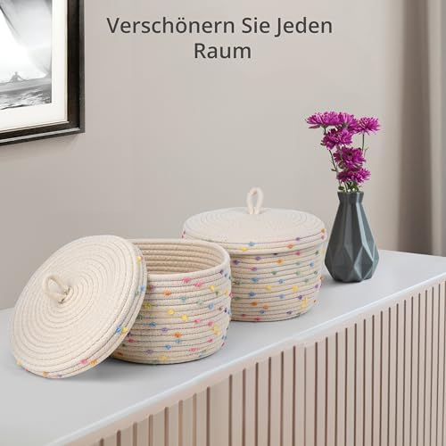 Winter Shore Baumwollseil Körbchen Geflochten - Korb Geflochten mit Deckel für Pflanzen, Garn, Kinderzimmerzubehör, Snacks, Handtücher - Flechtkorb Klein - Cremefarben mit Bunten Akzenten, Rope Basket