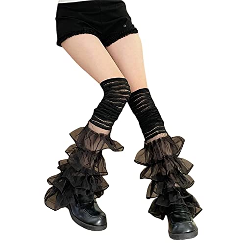 Image of Women Leg Warmers Ruffled Lace Patchwork Long Thigh High Socks Boot Cuffs Cover for Streetwear