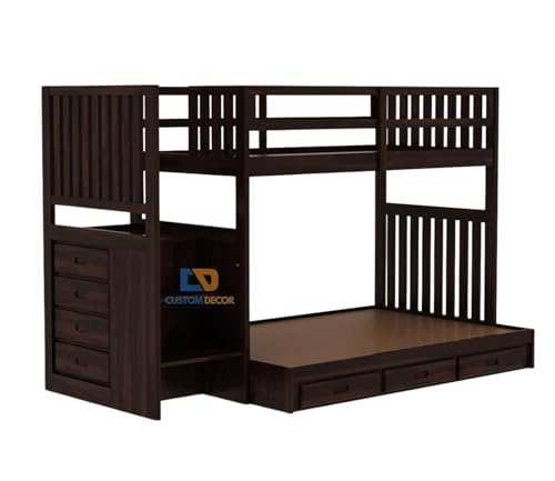 Image of Custom Decor Sheesham Wood Bunk Bed | Wooden Double Bed Bed Furniture for Bedroom | Living Room | Home (Spring-W)