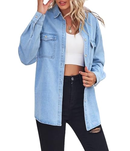 chouyatou Women's Spring Long Sleeve Denim Jean Shirts Button Down Shirt Business Casual Tops2