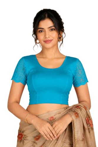 Image of Abhi Cotton Readymade Saree Blouse for Women- Half Net Sleeves, Round Neck, Regular-fit, Stretchable, Pull-on Style Blouse