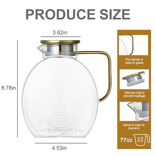 Image of Upgraded Thickened Version 77oz Large Glass Water Pitcher with Gold Lid for Fridge Wide Handle Coffee Carafe for Party Water Jug Lemonade Iced Tea Jug Juice Sun Tea Jar for Drinks(Clear)