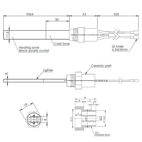 Bougie d'allumage en cristaux de quartz noir L. 90-123 mm Diam. 11,5x4 mm, 300 W. pour poêles à granulés, chaudières, brûleurs