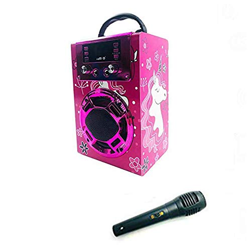 Altavoz Karaoke con Micrófono 25W Reproductor Radio FM MP3 Dos Entrada Mic Inalámbrico Portátil Madera USB SD Card Recargable con Mando (Rosa)