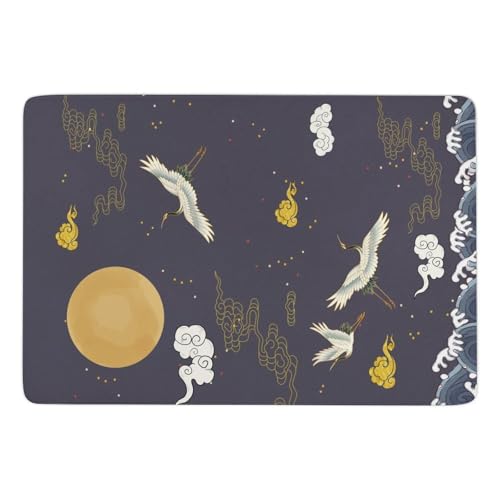 カーペット 月 星 鶴柄 和柄 和風 ラグマット ドアマット ラグ 滑り止め付 耐摩耗性 抗菌防臭 長方形 柔らかい 折り畳み ベッドサイド ホール 子供部屋 書斎 居間 寝室用 廊下マット 150*100cm