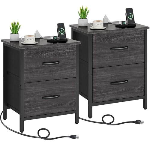 Vagusicc Nightstand Set of 2 with Charging Station, End Table Bedside Table with Power Outlet & USB Ports, Side Table with 2 Fabric Drawers for Bedroom, Living Room, Gray Walnut by Vagusicc - Used condition - US$61.65