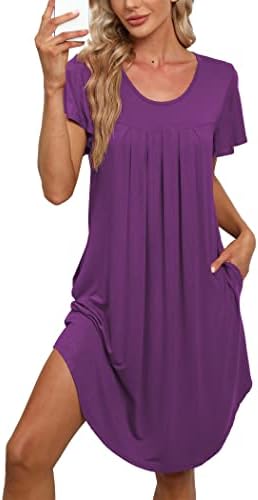 Bestshow Plus Size 4XL Pleated Nightgown Soft Nightshirt Pajama Dress Short Sleepshirt Loungewear Sleepwear Light Purple