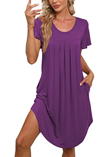Bestshow Plus Size 4Xl Pleated Nightgown Soft Nightshirt Pajama Dress Short Sleepshirt Loungewear Sleepwear Light Purple #TOP4