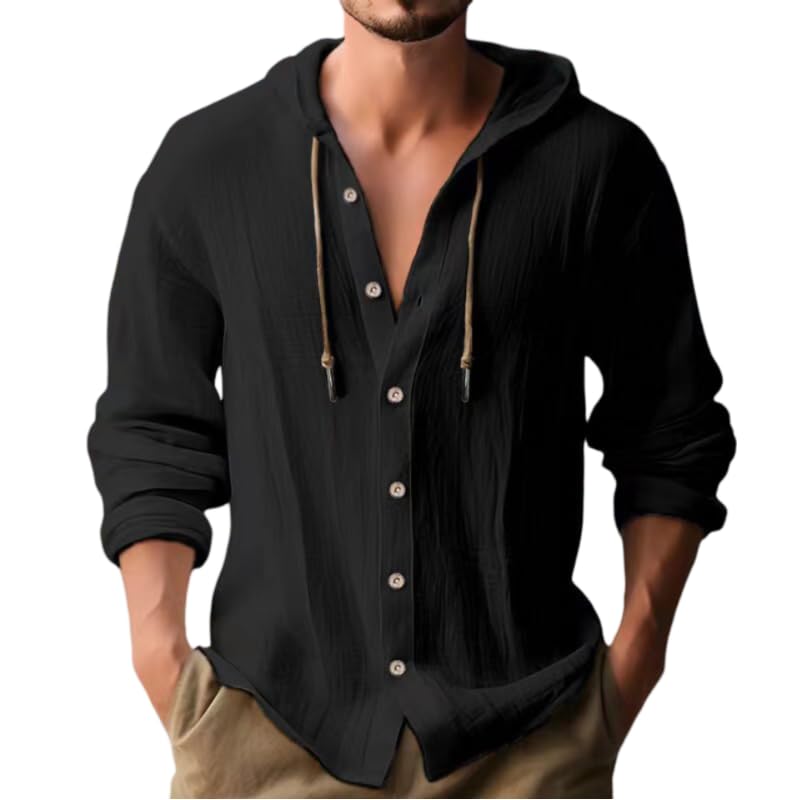 Linen Shirts for Men Casual Button Shirts Summer Cotton Linen Hoodie Beach Long Sleeve Shirts Top with Hood