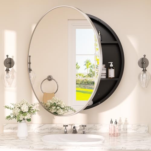 Image of TETOTE Bathroom Mirror Cabinet 28 x 28 Brushed Nickel Round Bathroom Medicine Cabinet with Mirror Adjustable Shelves Farmhouse Wall Mirror with Storage Surface Mounted
