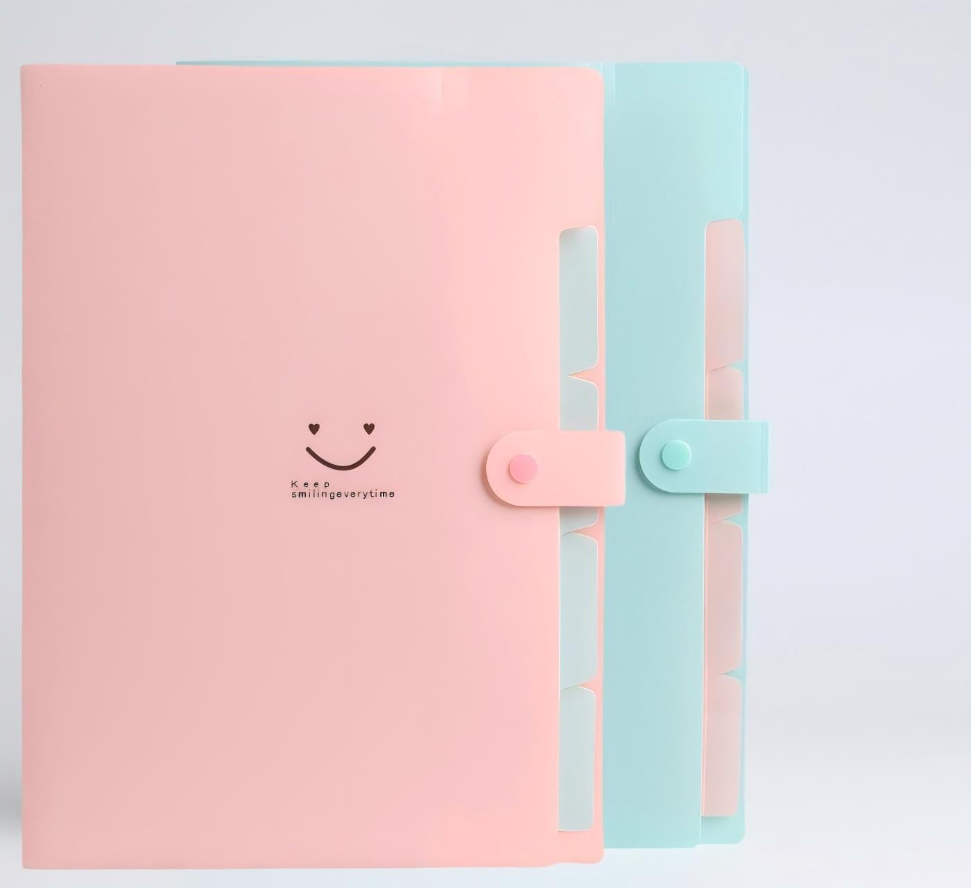 Expandierbar A4 Fächermappe Erweiterbar Dokumententasche mit bunten Labeln,Wiederverwendbar Ordnersystem mit Druckknopf für Büro Schule Homeoffice - Smile Pink + Grün 2er
