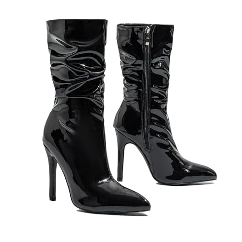 Women'S Patent Leather Stiletto Mid-Calf Booties Sexy Pointed Toe Side-Zip Fashion High Heels Ankle Boots For Office Party Soft Non-Slip Dress Boots