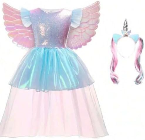 Vestido Fantasia luxo Unicornio Infantil Com Asas tiara E Acessór...