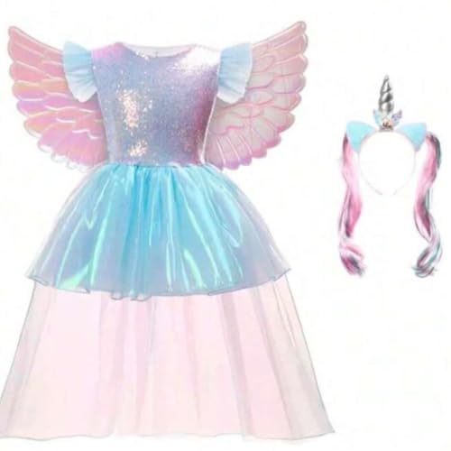 Vestido Fantasia luxo Unicórnio Infantil Com Asas tiara E Acessórios
