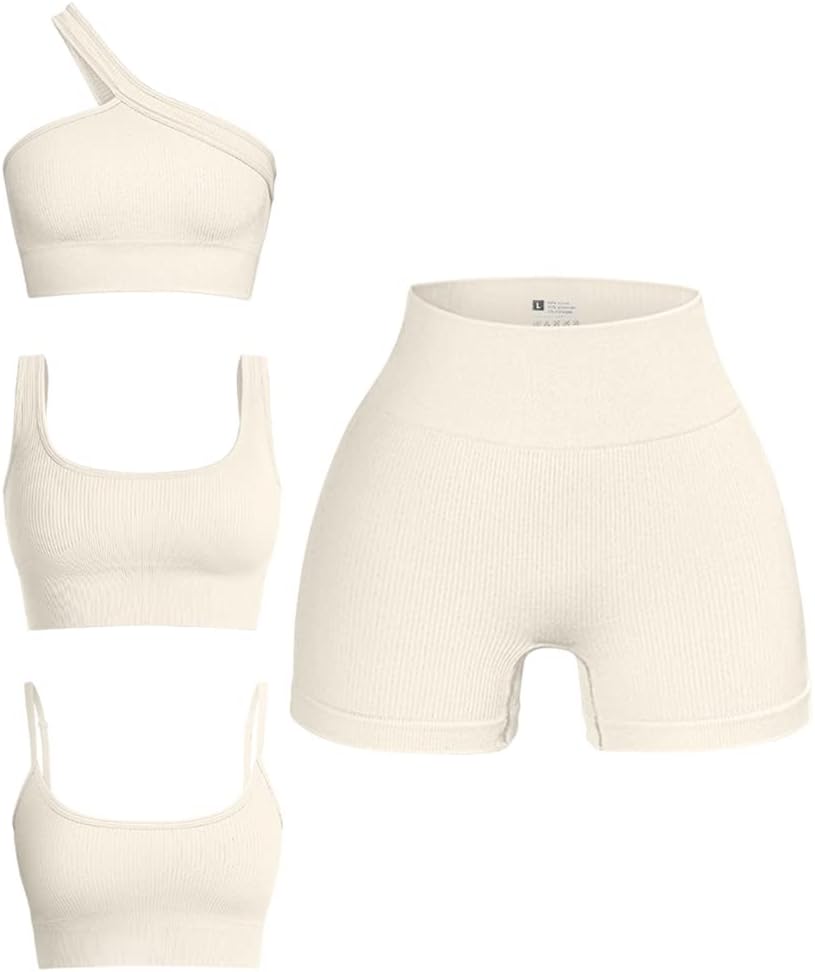 OQQWomen's 4 Piece Outfits Ribbed Seamless Exercise Scoop Neck Sports Bra One Shoulder Tops High Waist Shorts Active Set