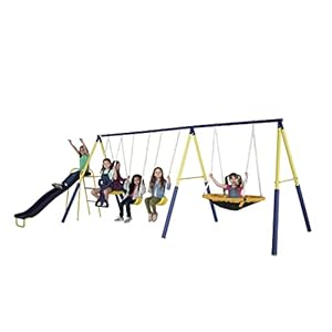 Sportspower Super Star Outdoor Kids Metal Swing Set: 2 Swings, 1 Flying Saucer, 1 Glider, 1 Wavy Slide – Exceeds ASTM Standards