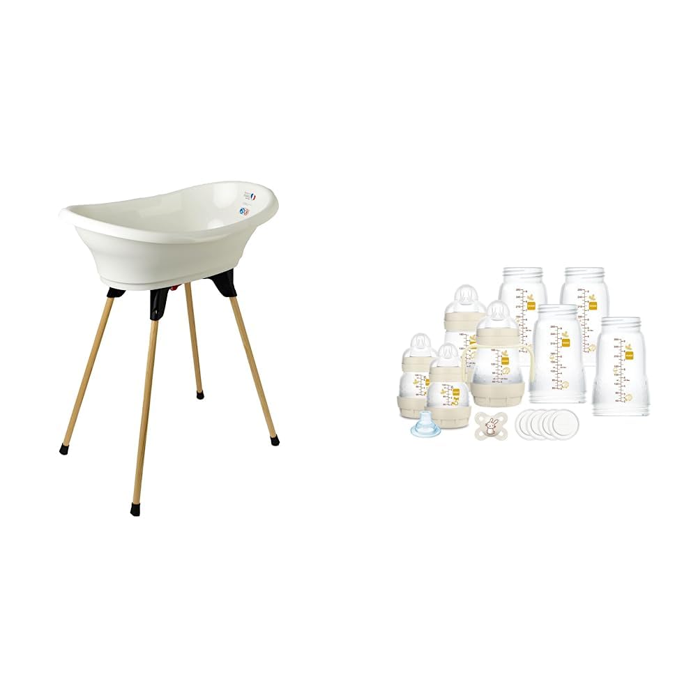 THERMOBABY - Kit Baignoire Bébé - Vasco - Baignoire & Tuyau De Vidange - Blanc Muguet & Mam Ensemble de 8 biberons, 1 tétine Start Nanò, 4 disquettes, 1 bec souple et poignées, couleur beige