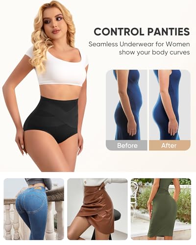 Image of Women's High Waisted Cotton Underwear Panties Ladies Stretch Breathable Full Coverage Briefs 4 Pack