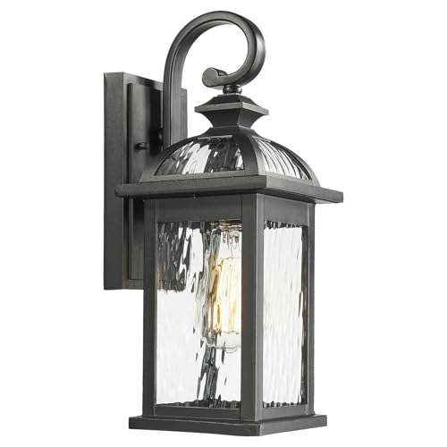 Image of Darkaway Outdoor Lights Fixture Wall Mount, Exterior Wall Light with Water Ripple Glass Waterproof Black Outside Wall Sconce for House Porch Hallway Garage