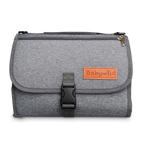 Babywild Portable Baby Changing Mat Waterproof EasyFold Travel Pad with Soft Head Cushion Storage Pockets & WipeClean Surface Compact Nappy Changing Mat for Home Car & OntheGo - Grey