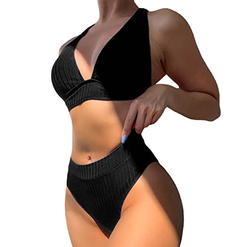 Bikini Acanalado De Cintura Alta Liso Conjunto Mujer Traje Baño Sexy Push Up Dos Piezas(D,S)
