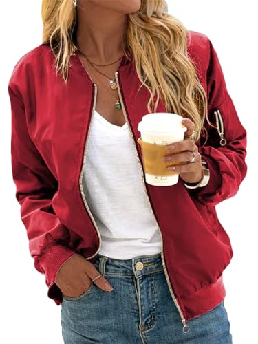 Minetom Veste Femme Motard Blouson Printemps Automne Léger Bombers Jacket Sweatshirt Sport Vintage Outwear Zippé Court Jacket B Rouge XL