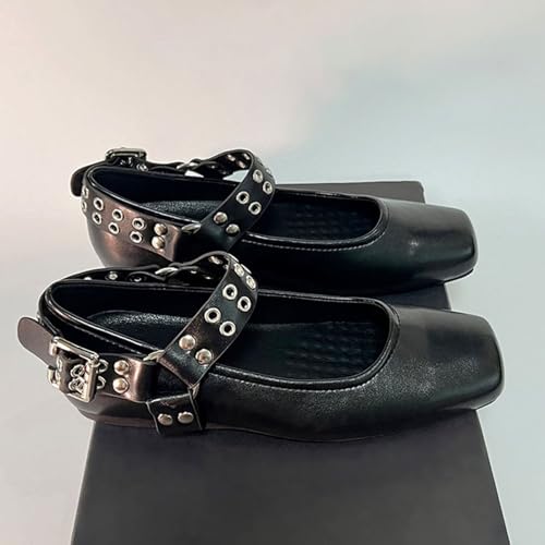 KOKOMOMO Cute Studded Mary Janes for Women Gothic Buckled Decor Y2k Ballet Ballerina Shoes Punk Stud Square Closed Toe Anke Strap Pumps4