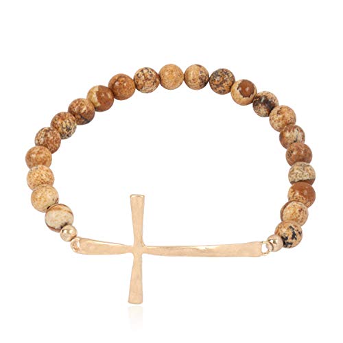 Riah Fashion Cross Metallic Bar Beaded Stretch Bracelet - Religious Christian Strand Natural Stone, Semi-Precious Prayer Cuff Bangle (Cross Stone Bead - Brown Jasper) #TOP21