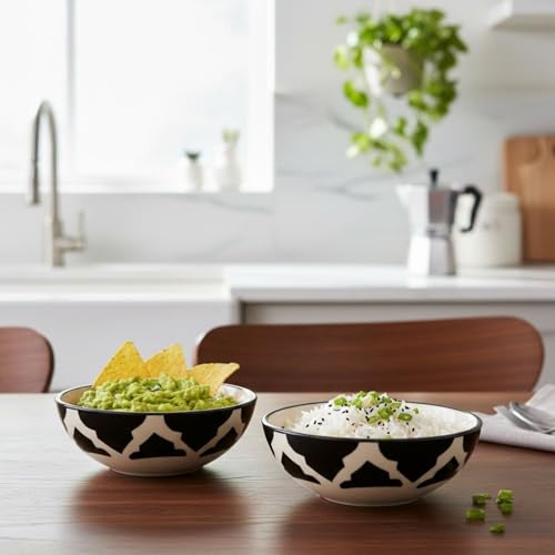 Image of Serving Everyday Ceramic Bowls For Food - Ideal For Morning Meals, Smoothie Kitchen Bowls, Vegetables, Soups, Pasta, Snacks,cereal, Rice Bowl, Fruit, Ice Cream, Salad, Noodle (Black, Set of 6)