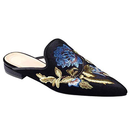 Image of Fericzot Women's Velvet Backless Pointed Toe Slip On Loafers Flats Embroidery Mule Slippers Shoes