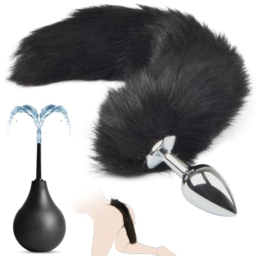 BDSMAGE Analplug Metall mit Fuchsschwanz + 89 ML Analdusche für Analverkehr,Buttplug Analspielzeuge Plugs Sexspielzeug Set erotisches Sex Spielzeug ab 18 für Paare Frauen extrem sex (Schwarz)