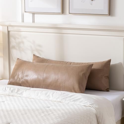 Image of Fancy Homi Tan Long Lumbar Waterproof Faux Leather Body Decorative Throw Pillow Cover 14x36 Inch for Bedroom Couch Bed Bench, Beige Hand Stitched Cushion Case, Taupe Modern Farmhouse Room Decor