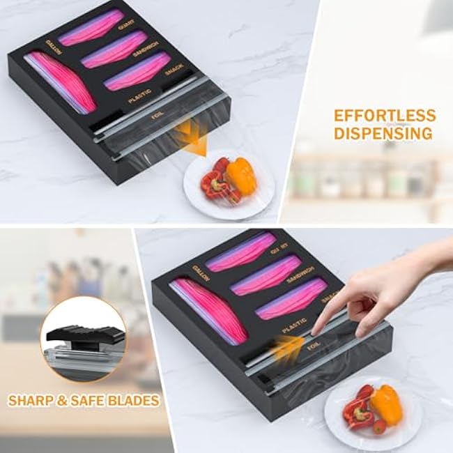 DALSHABET Bamboo Bag Organizer with Magnetic Closure, 6 In 1 Kitchen Drawer Foil and Plastic Wrap Dispenser with Cutter, Storage bag for Gallon, Quart, Sandwich, Snack Black