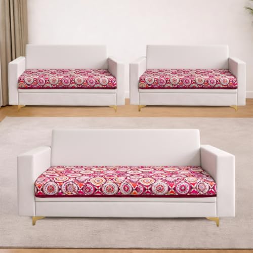 Image of Homerz Premium 7 (3+2+2) Seater Velvet Sofa Panel Cover with Digital Prints | Anti-Slip Backing (Pink Rangoli, 7 (3+2+2) Seater)