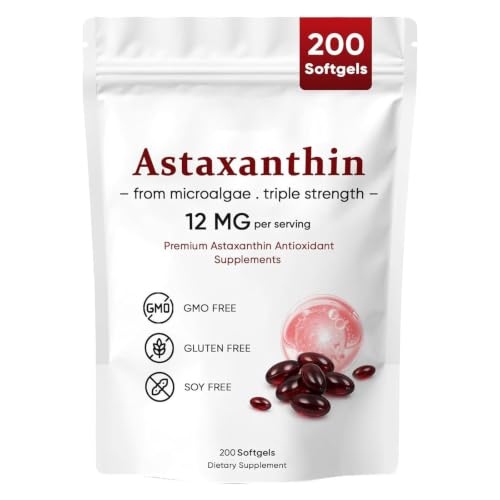 Astaxanthin 12mg Premium Astaxanthin Antioxidant Supplements Supports Eye Skin Immune Joint Internal Circulation Non-GMO Verified & Gluten Free - 200 Softgels
