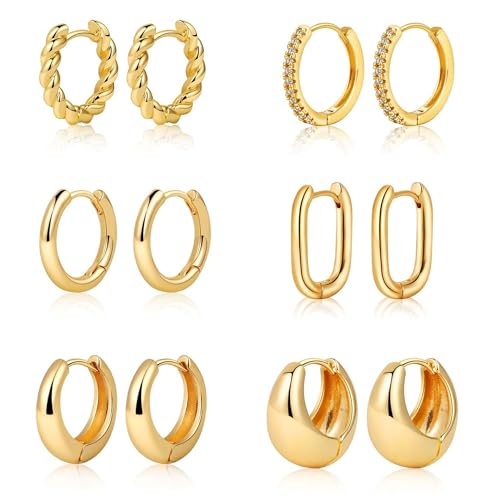 Relipop Small Gold Hoop Earrings Set for Women, Dainty 14K Gold Plated Lightweight Twisted Huggie Hoop Earring Sets for Multiple Piercing, Hypoallergenic Chunky Earrings Cute Trendy Jewelry Gifts