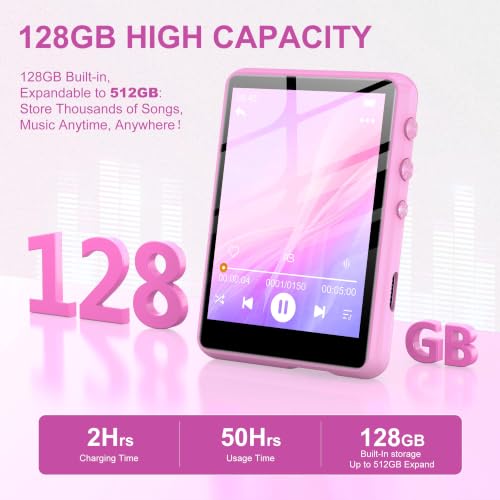 Image of 128GB MP3 Player with Bluetooth Pink- SWOFY M4 Music Player with Bluetooth 5.4, 2.4 inch Portable HiFi MP3 Player with FM Radio, HD Speaker, E-Book,Voice Recorder, Digital Music Player Earphones Included