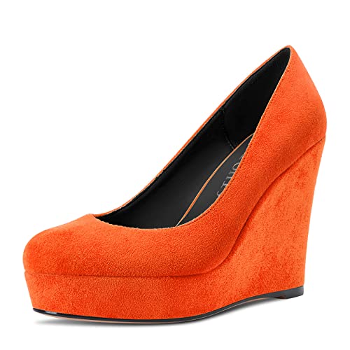 DearOnly Womens Wedge Platform Pumps Closed Round Toe High Block Chunky Heel Suede Dress Shoes Bridal Wedding Shopping Cute 4 Inch - Main Image